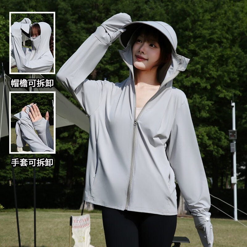 LISV2026夏季新款防晒衣女冰丝轻薄防晒服可拆帽檐全包手 中灰色+口袋拉链+帽檐可拆+手套可拆 L 80-130斤