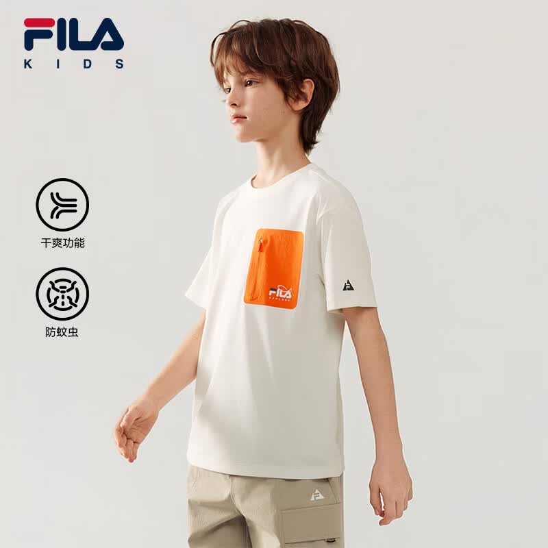 FILA【干爽功能】斐乐儿童童装短袖T恤2026年夏新款男中大童上衣 奶雾白-WT 170