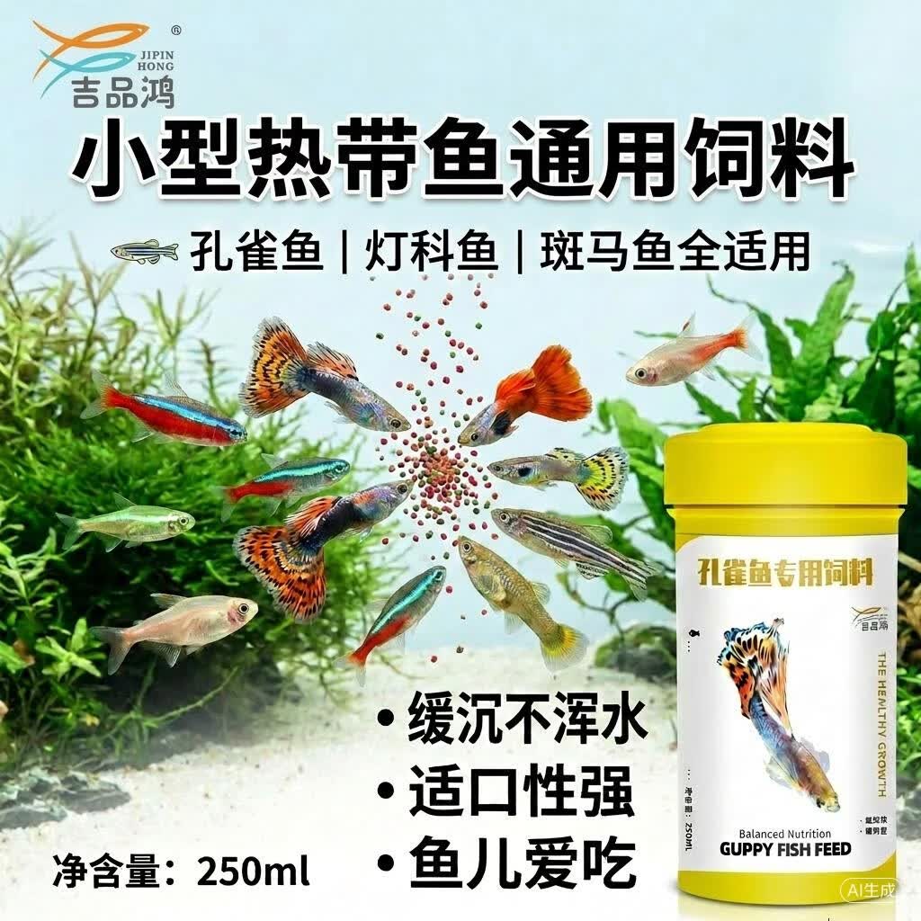 吉品红孔雀鱼饲料凤尾斗鱼鱼食红绿灯小型热带观赏通用小颗粒鱼粮250MLL