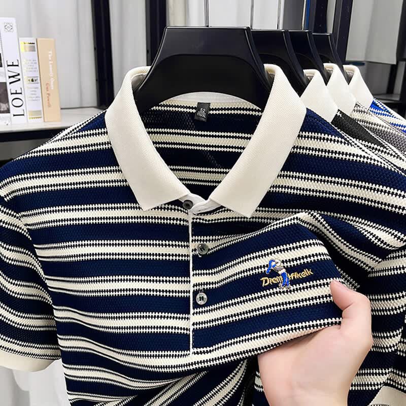 新款夏季男士高端条纹短袖T恤休闲翻领半袖POLO衫 藏青 2XL 【建议体重150-170斤】