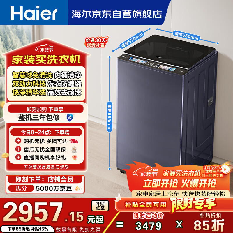 海尔（Haier）云溪3.0 全自动波轮洗衣机10KG 双动力免清洗 家电国家补贴以旧换新京东自营 XQS100-MBDE689