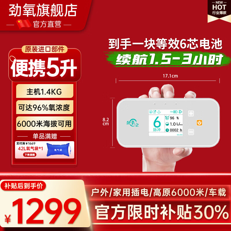 劲氧中国品牌便携式制氧机老人用户外随身高原车载氧气机可充电吸氧机 26款便携5升ROC-002(一块等效6芯)