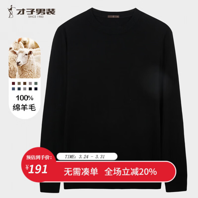 才子（TRIES）男士针织毛衫秋冬圆领修身羊毛衫100%纯羊毛轻柔保暖打底衫 黑色 L 48 (170/88A)