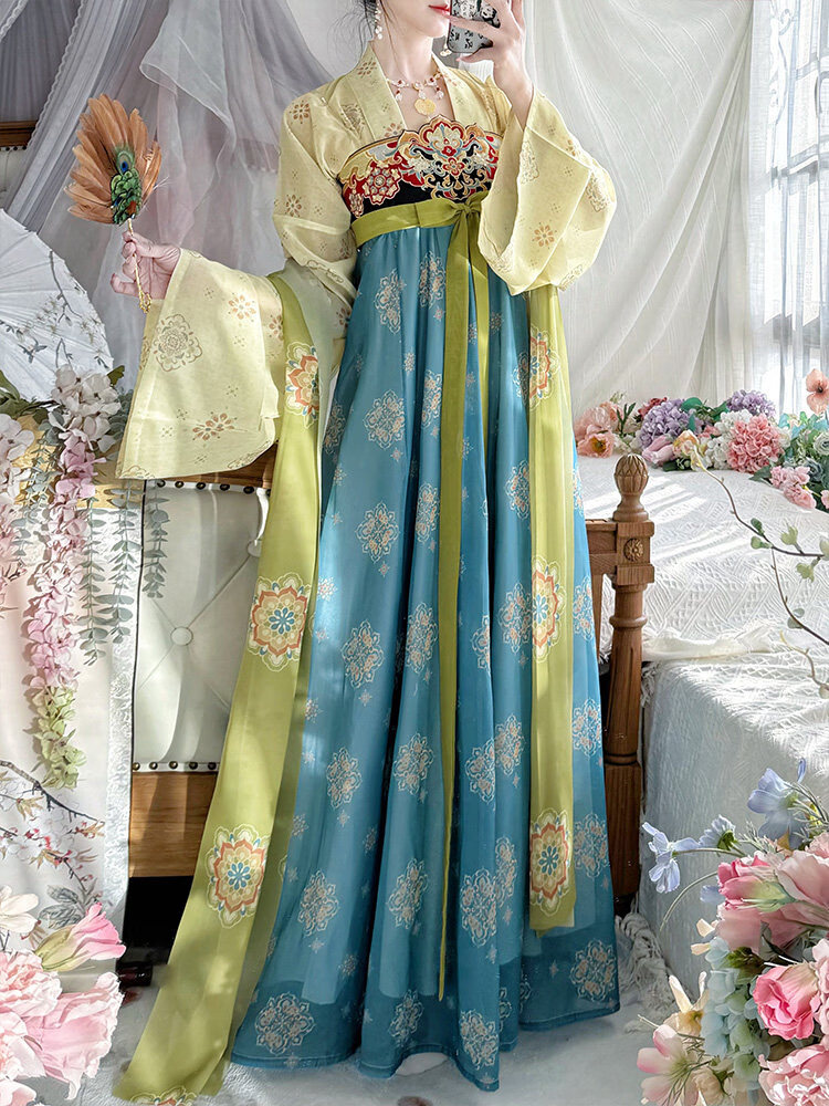汉虞葵绾花辞|唐制复原款齐胸襦裙汉服女套装2026新款春夏季超仙气古装 绾花辞|蓝色上衣+红色齐胸裙+披帛+肩带 XL