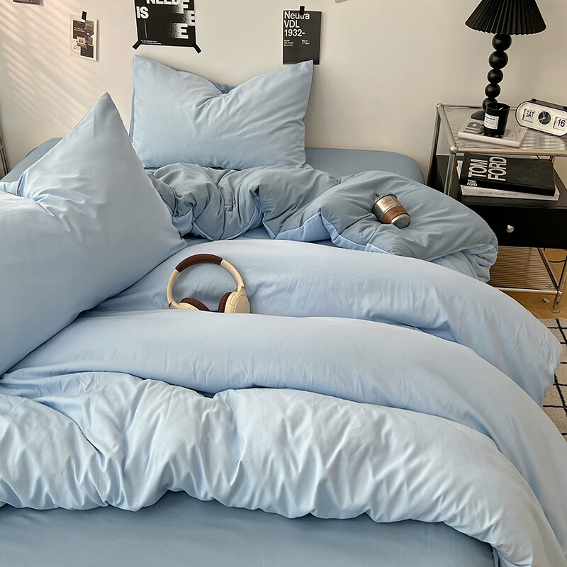 雅鹿ins简约水洗棉被套床单被罩学生宿舍三件套150x200双人纯色四件套 远天蓝【10A抗菌 可裸睡】 1.2床单三件套 床单款 （被套150*200cm）