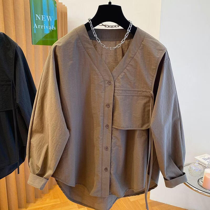 【商场品质】2026夏季新款高级感咖色v领衬衫长袖宽松上衣 咖色 XL 【建议115-135斤】