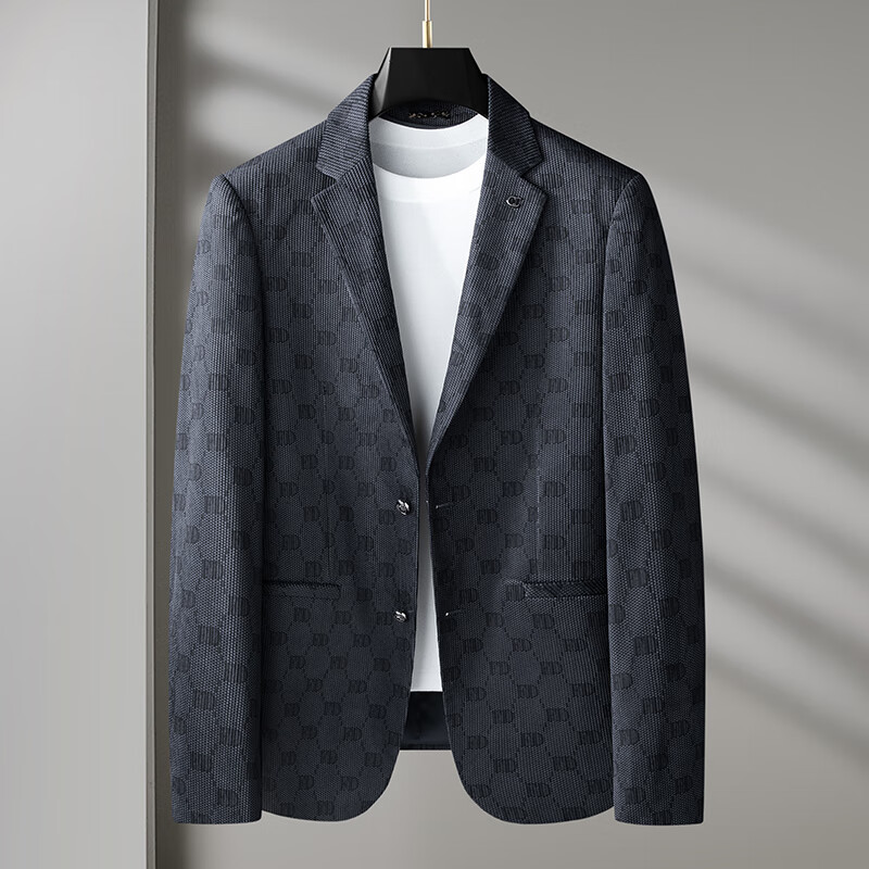 incofan大码条绒休闲西装男士春秋款修身潮流胖子印花西服外套 图片色