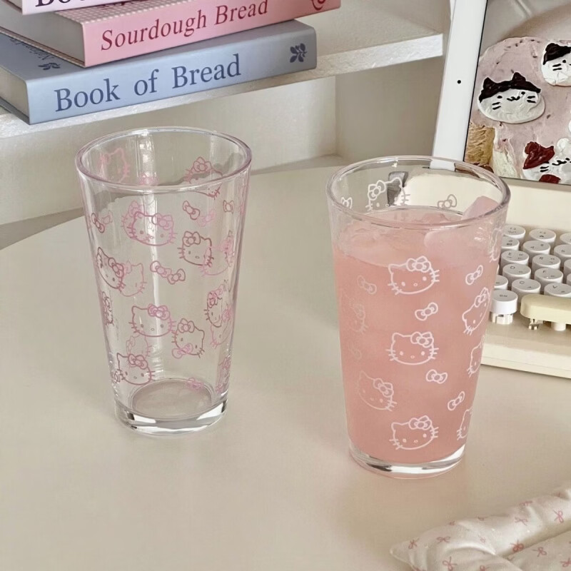 清洁JTTa 白色+粉色kt猫单杯(2只) 450ml玻璃杯