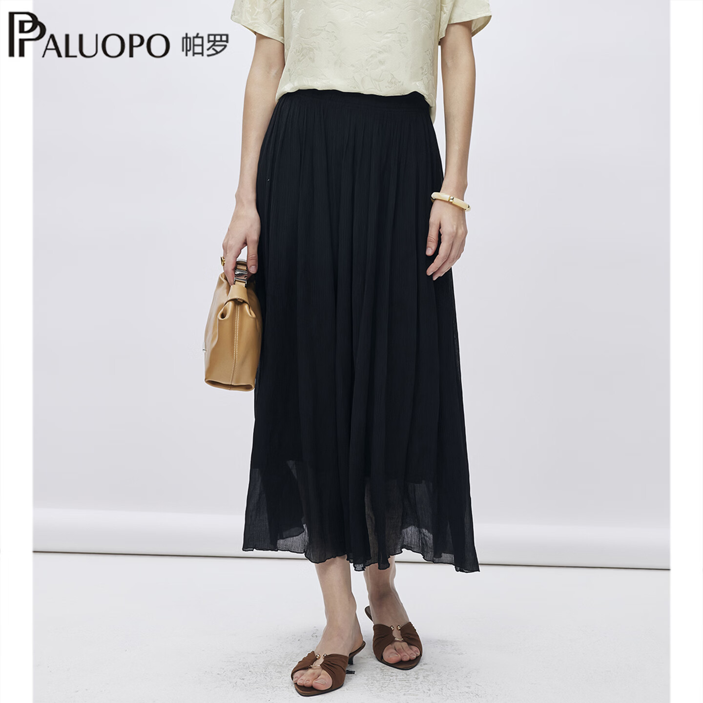帕罗（PALUOPO）2026夏季新款蕾丝质感半身裙高腰显瘦气质双层中长裙子ES260060B 黑色 M 160/68A