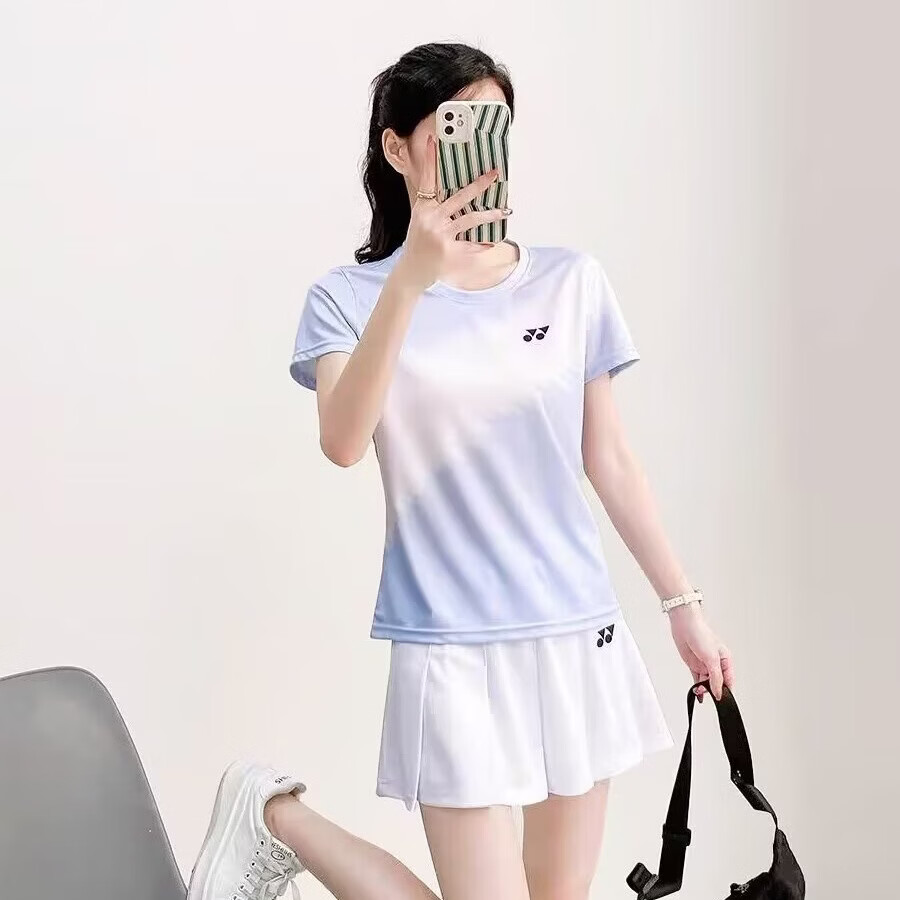 新款裙子套装羽毛球服套装男女yy运动训练服上衣速干网球衣定制 女款浅蓝色套装 3XL码