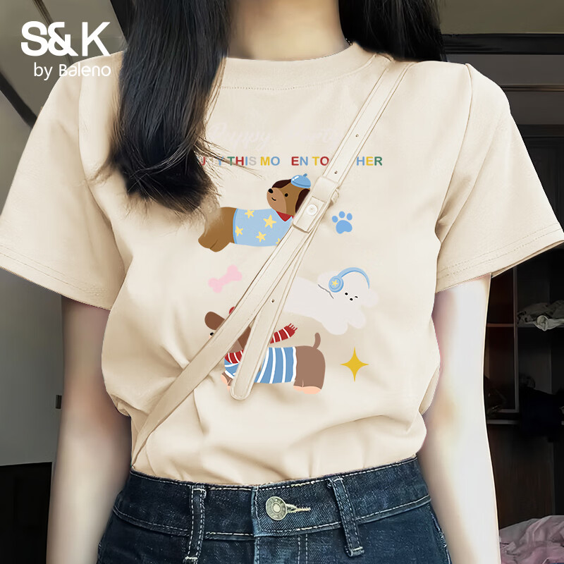 班尼路（Baleno）S&amp;K100%纯棉短袖T恤女2026年夏季女装新款潮流时尚甜美可爱上衣 杏#BL狗狗派对 M