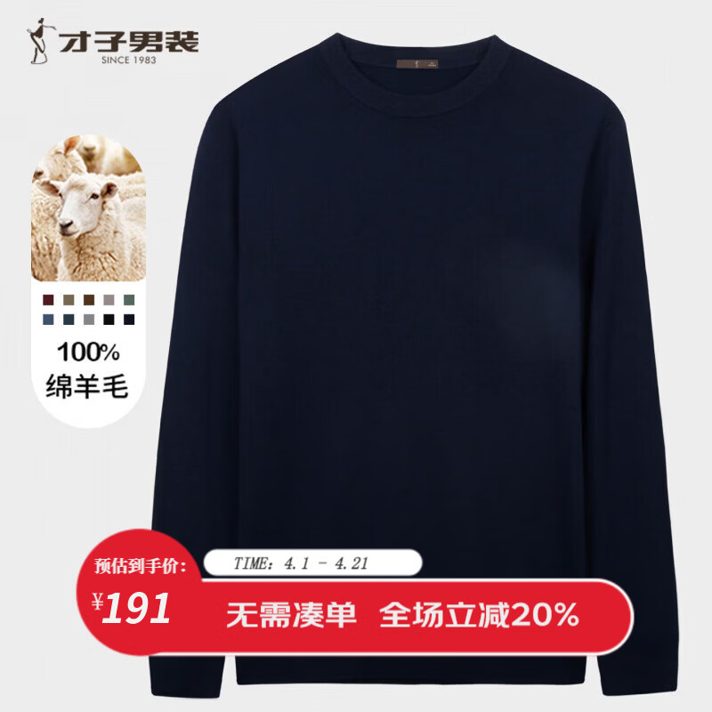 才子（TRIES）男士针织毛衫秋冬圆领修身羊毛衫100%纯羊毛轻柔保暖打底衫 藏青色 M 46 (165/84A)