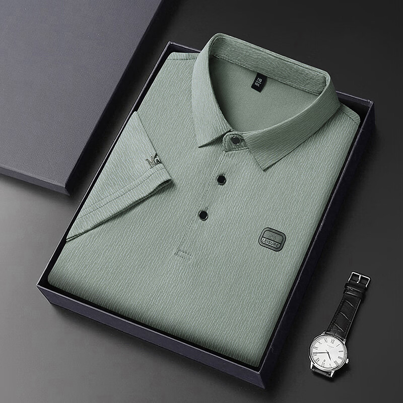 尺度保罗冰丝翻领短袖T恤男士夏季薄款免烫透气树皮纹印花宽松POLO衫上衣 AT2505米色 XL 推荐135-155斤