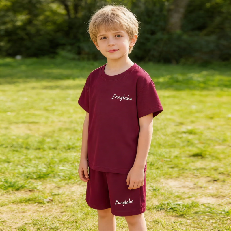 小猪班纳（PEPCO）儿童夏季套装新款华夫短袖两件套运动服男童女童休闲宽松韩系童装 华夫格-米白短袖套装 涤纶 140 建议身高125-135cm