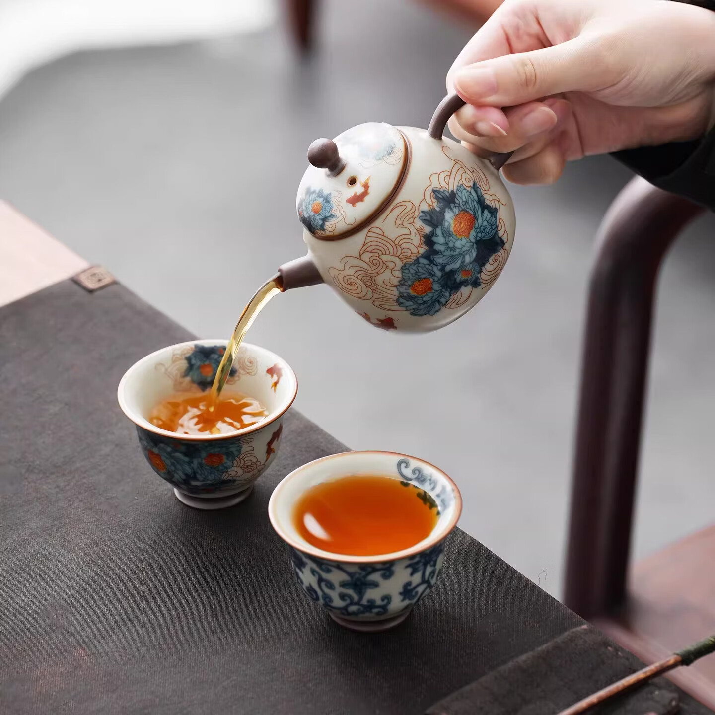 BOSSY新中式汝窑青花珐琅彩茶杯套装礼盒装高档品茗杯单杯生日伴手礼 繁花一壶四杯套装【礼盒装】