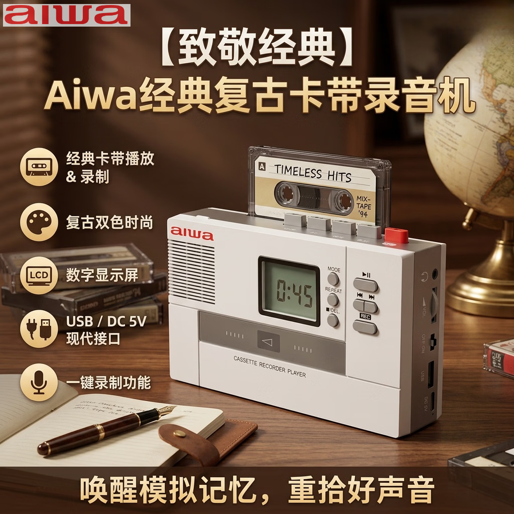 aiwa26新款爱华便携式磁带播放机英语学习机复古怀旧80年代卡带录音机蓝牙音箱U盘一体机可充电walkman 白色岁月版【蓝牙双通+磁带U盘互录+U盘播放】 标配+32G准备精选音乐优盘
