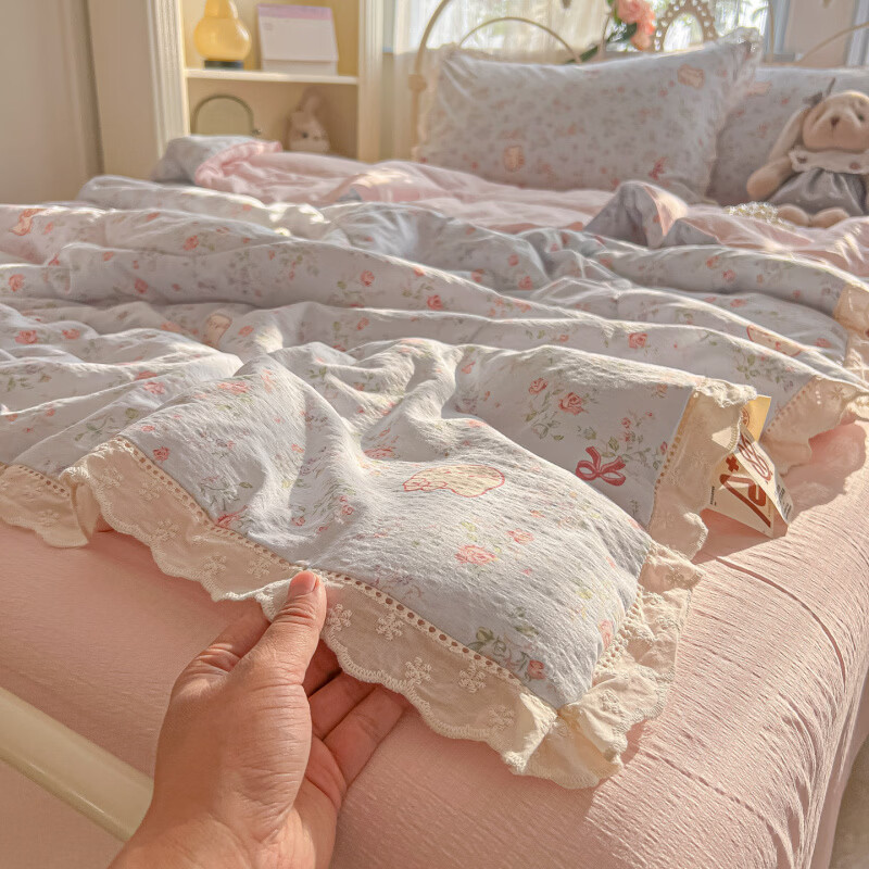 春夏款空调被a类棉花边夏凉全棉可机洗四件套双人春秋单人夏薄子 赫本小姐【棉花边空调被】 夏被四件套【200x230夏被+床单230x230