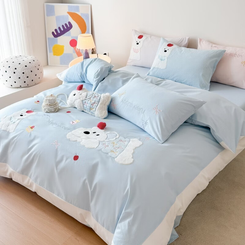 ROLAND LIVE四季通用全棉水洗棉四件套可爱贴布绣亲肤透气被套床单学生三件套 WL 全棉水洗棉套件-棉晴天日记蓝【送同款抱枕】 1.2米床 床单款 【被套150*200cm】