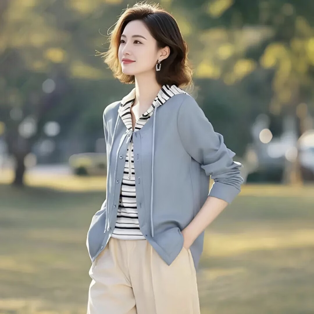 春季大码时尚条纹连帽假两件拼接长袖卫衣百搭气质宽松显瘦外套JL 浅蓝色 2XL 120-130斤