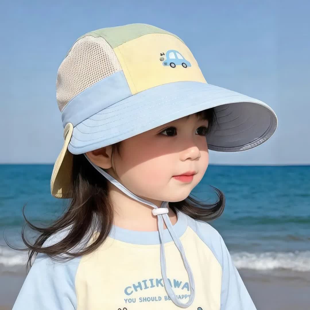 斐月伽儿童遮阳帽子夏季薄款女童韩版前后大檐渔夫帽婴儿宝宝防晒太阳帽 蓝黄YF004拼色小汽车双檐渔夫网帽; 建议1-5岁（头围47-52cm)