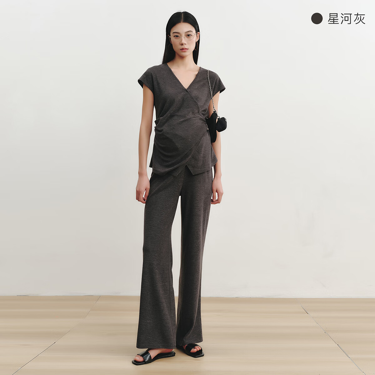 Sellynear孕妇装春夏新款套装时尚宽松针织V领上衣长裤外穿两件套 星河灰 S