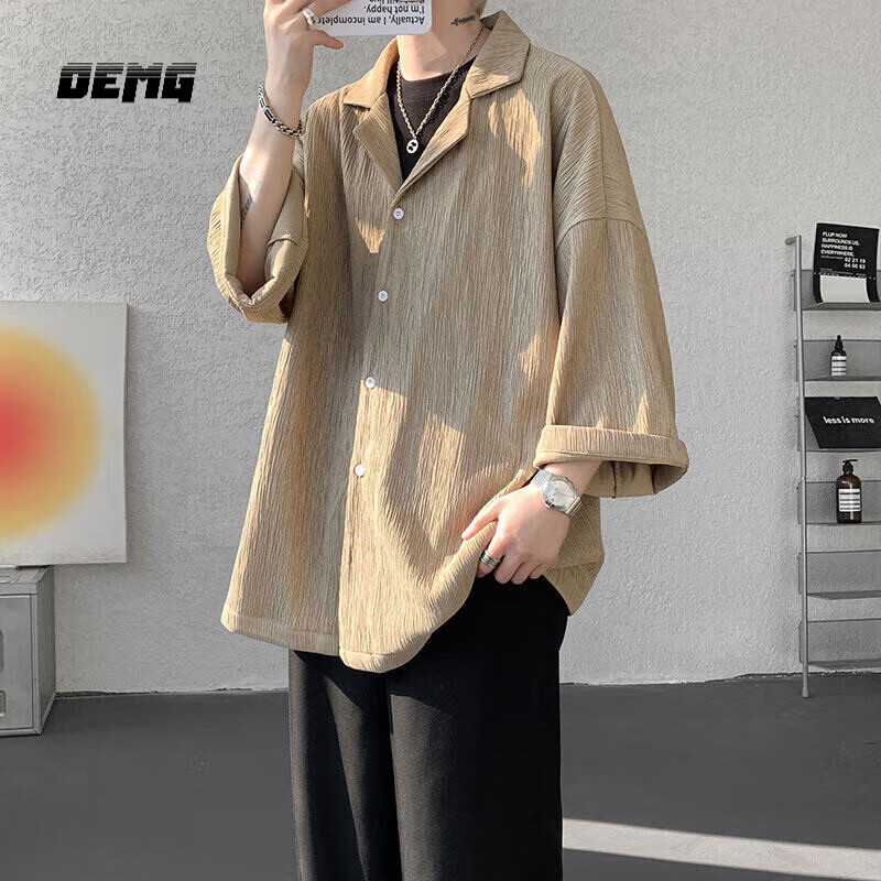 OEMG  夏季薄款短袖衬衫男女潮流垂感七分半袖高级感情侣宽松休闲外套 CS1136卡其色 XL 【建议130-145斤】