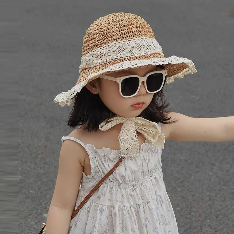儿童帽子女童夏季草帽女孩夏天女宝防晒渔夫帽宝宝海边沙滩遮阳帽 儿童蕾丝草帽-卡其