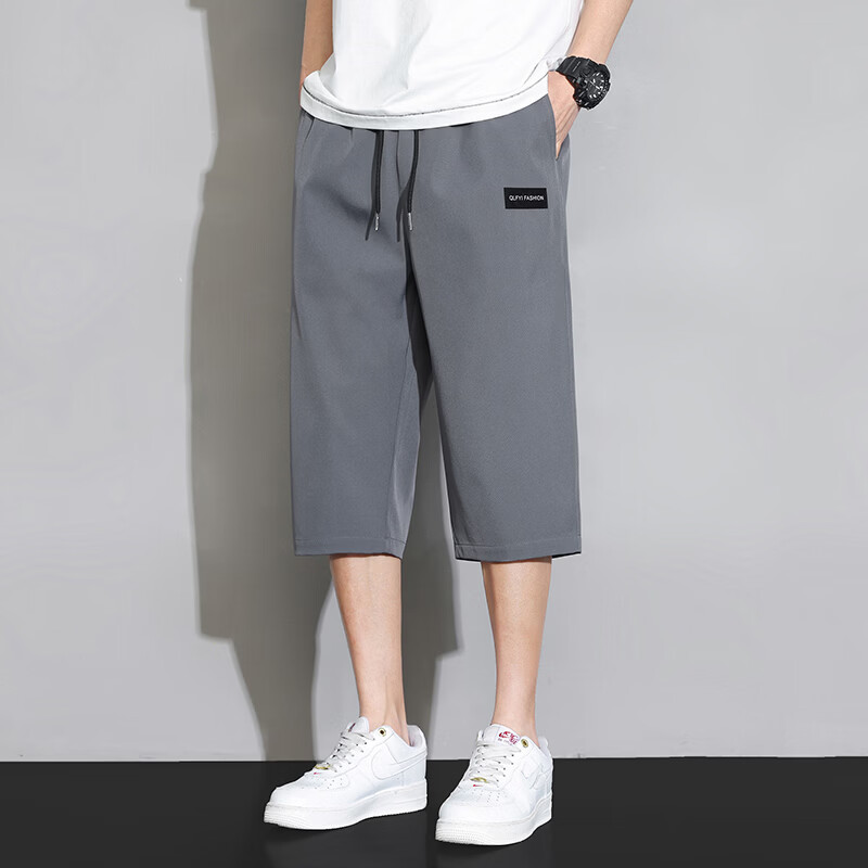 猫人（MiiOW）冰丝速干七分裤子男士夏季薄款外穿直筒马裤中裤宽松休闲运动短裤 720黑色 XL 【推荐120-135斤】