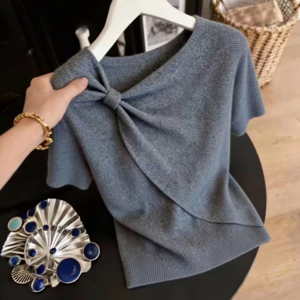 【商场品质】设计感小众扭结短袖t恤女夏季新款显瘦针织上衣JL 灰色 XL (体重建议110-130斤)