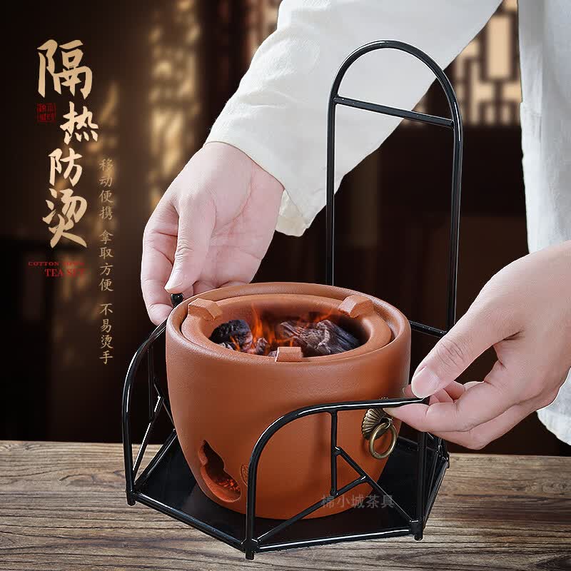 棉小城温茶器红泥烧碳炉砂铫壶家用户外煮水木炭围炉煮茶高端全套 红泥福芦炭炉+宫赏侧把砂铫壶+雅士架