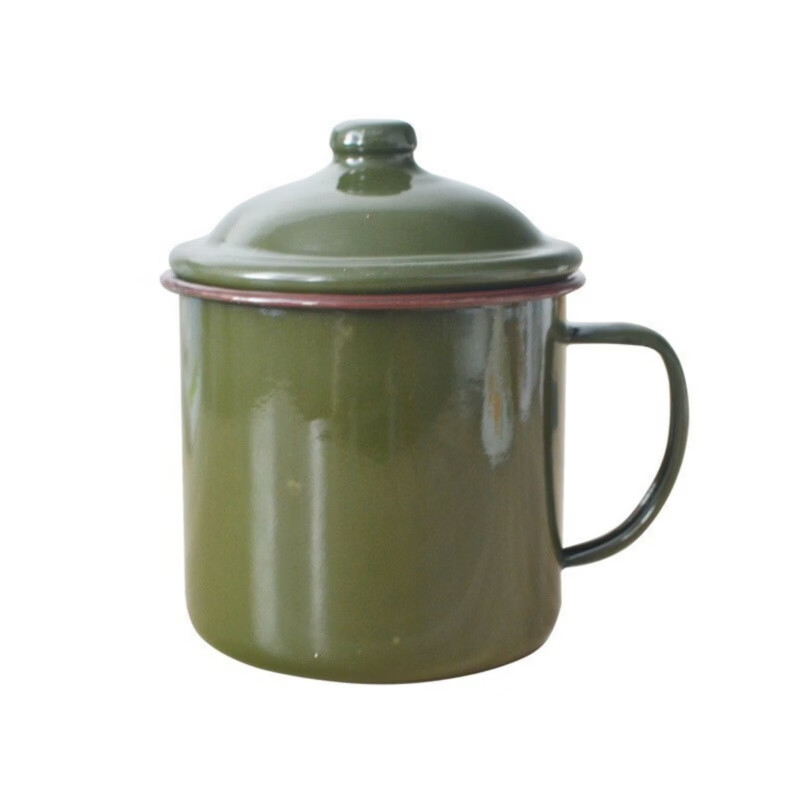 胖东来超市代购同款茶缸老式怀旧经典军绿色子搪瓷口杯复古搪瓷杯 军绿12cm有盖1200毫升