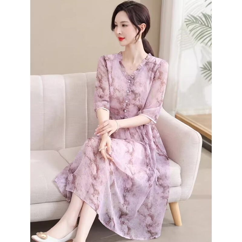 ROMON夏装碎花裙子高端中长款洋气中老年女装收腰显廋连衣裙女装连衣裙 粉色 XL 【建议95-115斤】