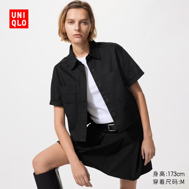 优衣库女装牛仔箱型衬衫/半袖水洗产品衬衣26春夏新款483877 09 黑色 S