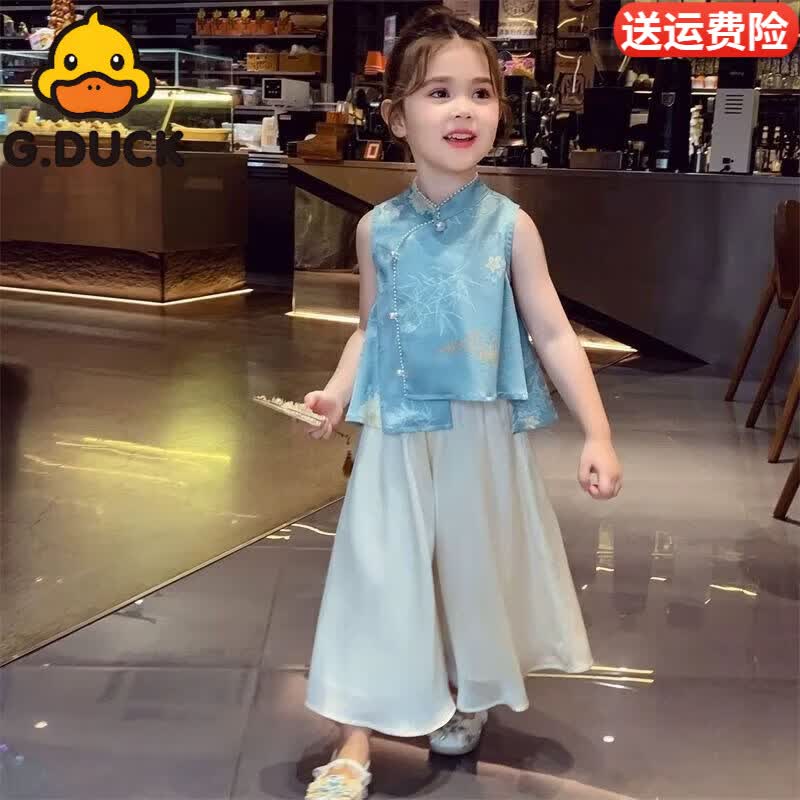 G.duck小黄鸭女童套装新中式国风夏装2025新款缎面提花上衣阔腿裤两件套 蓝色套装【马甲+裙裤】 170 (偏小一码)