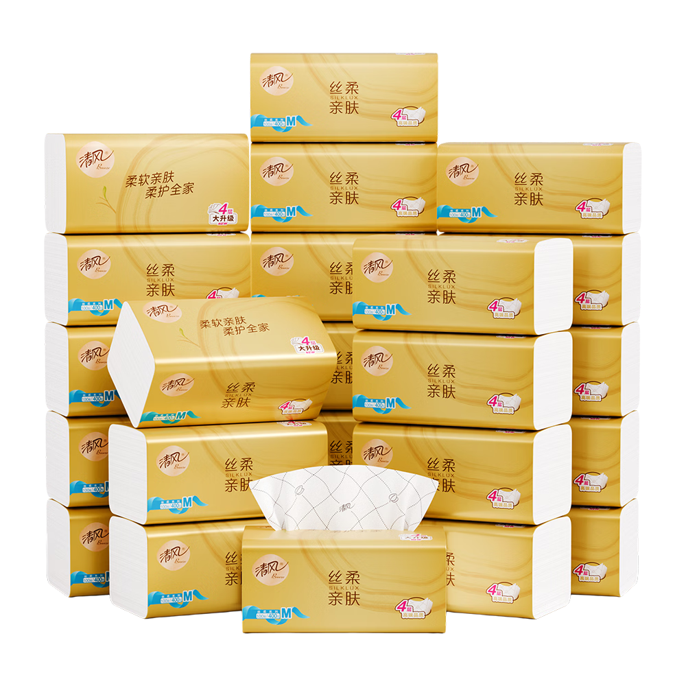 清风抽纸 丝柔4层100抽*24包M码 卫生纸巾纸抽 餐巾纸面巾纸 整箱装