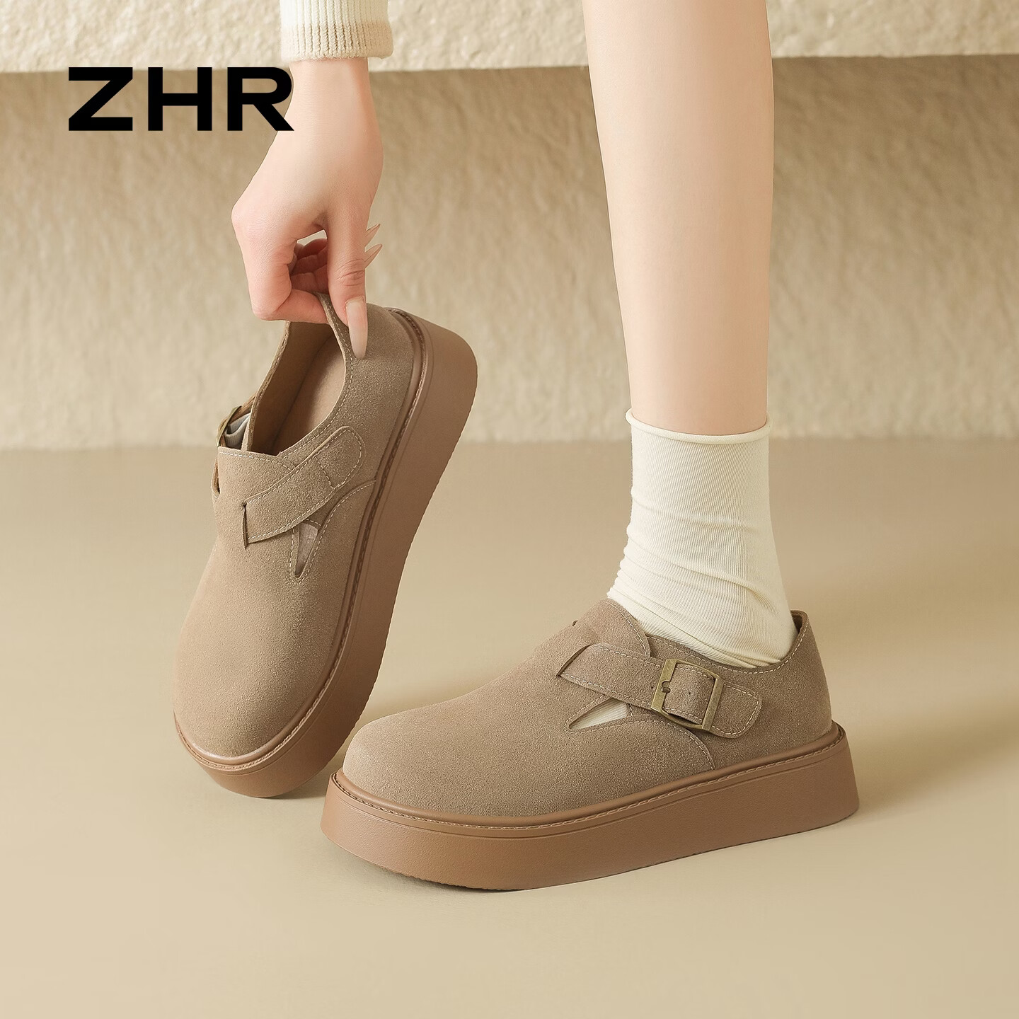 ZHR则则勃肯鞋女新款厚底增高女鞋休闲包头套脚单鞋女 JF98 卡其 36