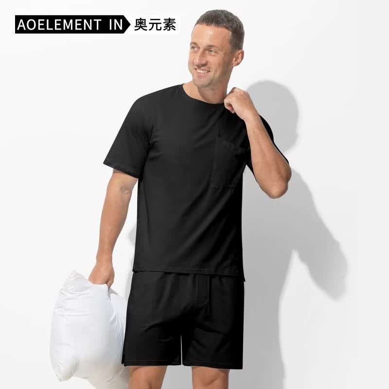 奥元素男士睡衣纯色家居服套装男宽松休闲可外穿圆领青少年夏薄短袖短裤 黑色 L