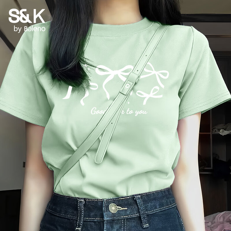 班尼路（Baleno）S&K100%纯棉短袖T恤女2026年夏季女装新款休闲简约时尚百搭上衣 水绿#BL四只蝴蝶结 L