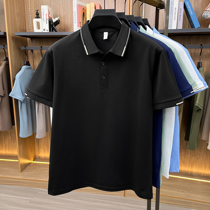 尺度保罗冰丝棉夏季翻领短袖T恤男士薄款宽松透气纯色百搭POLO衫大码上衣 BZ26601浅蓝 M 推荐90-120斤