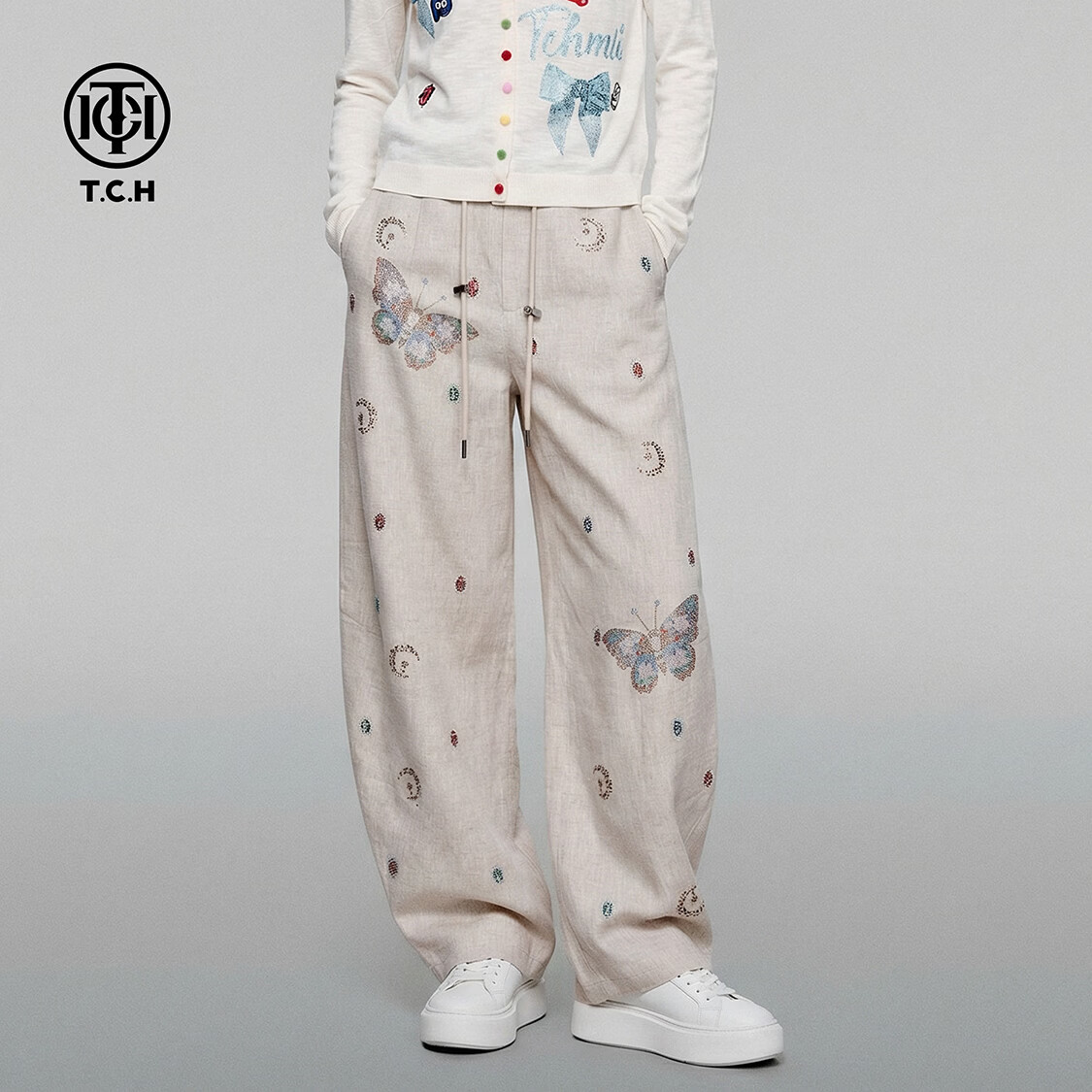 TCH2026年春夏新款潮牌亚麻女士薄款弯刀裤阔腿宽松休闲裤 米色 XL 京东折扣/优惠券