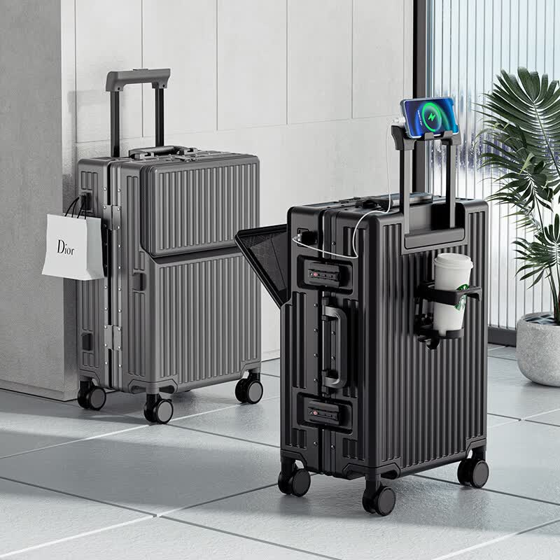 MINLUBAOLUO皮箱行李箱可上飞机20寸拉杆箱小型登机箱大容量箱密码箱旅行箱男 枪色前开盖+刹车+杯架+充电 20英寸 【可登机】