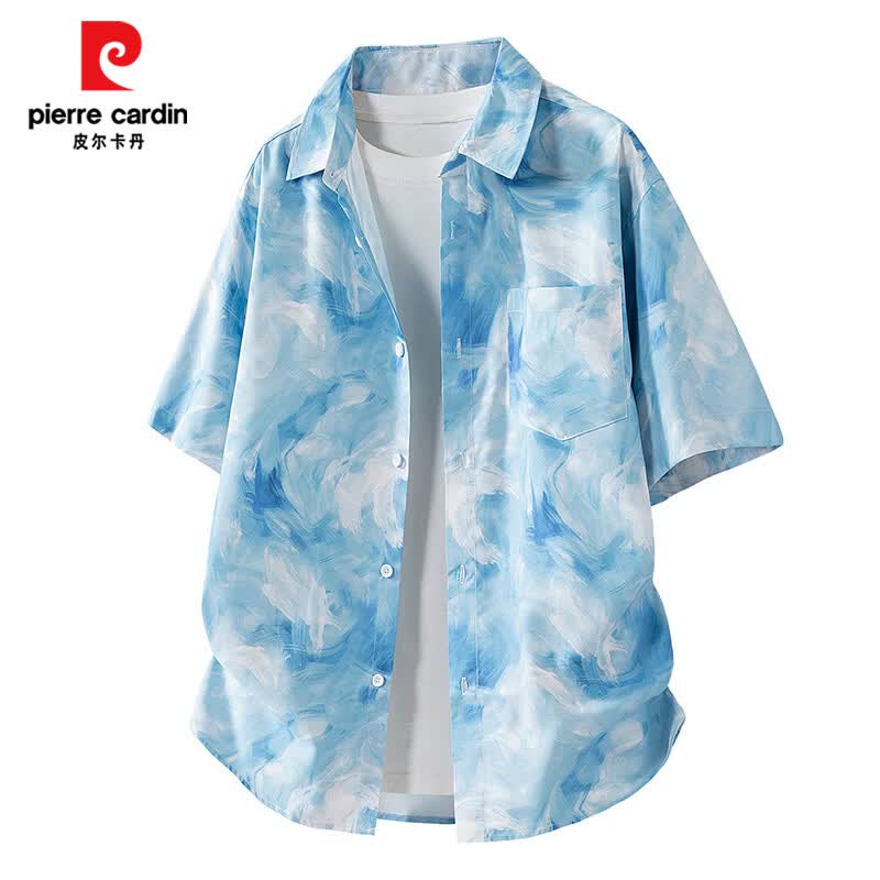 皮尔卡丹（pierre cardin）衬衫男夏威夷短袖T恤男夏装海边沙滩印花宽松休闲度假风短袖衬衣 丹青 XL