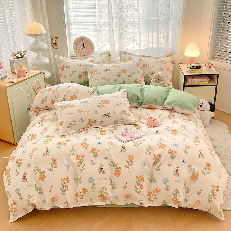 软贝小清新四件套 透气亲肤印花卡通简约田园风被套床单款套件 春田花花 2.0m 床单款 四件套（被套200*230cm）