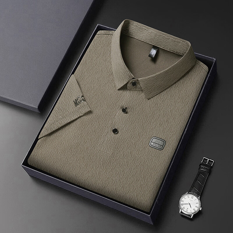 尺度保罗冰丝翻领短袖T恤男士夏季薄款免烫透气树皮纹印花宽松POLO衫上衣 AT2505米色 XL 推荐135-155斤