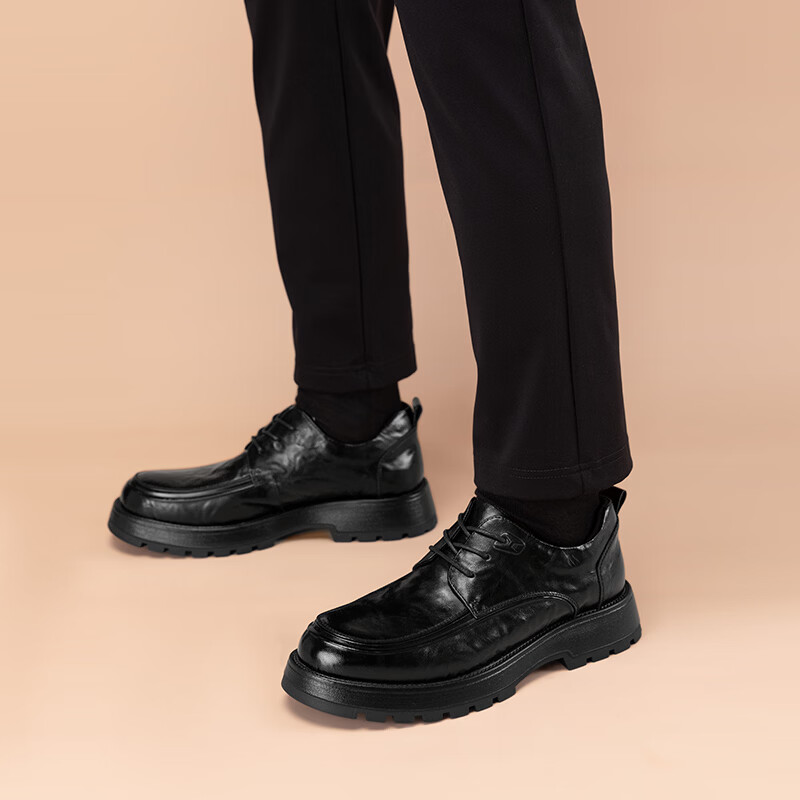 Walker Shop高端皮鞋男款2026新款厚底增高商务休闲皮鞋夏季透气头层牛皮鞋男 高档黑色【品牌男鞋 礼盒包装】 40