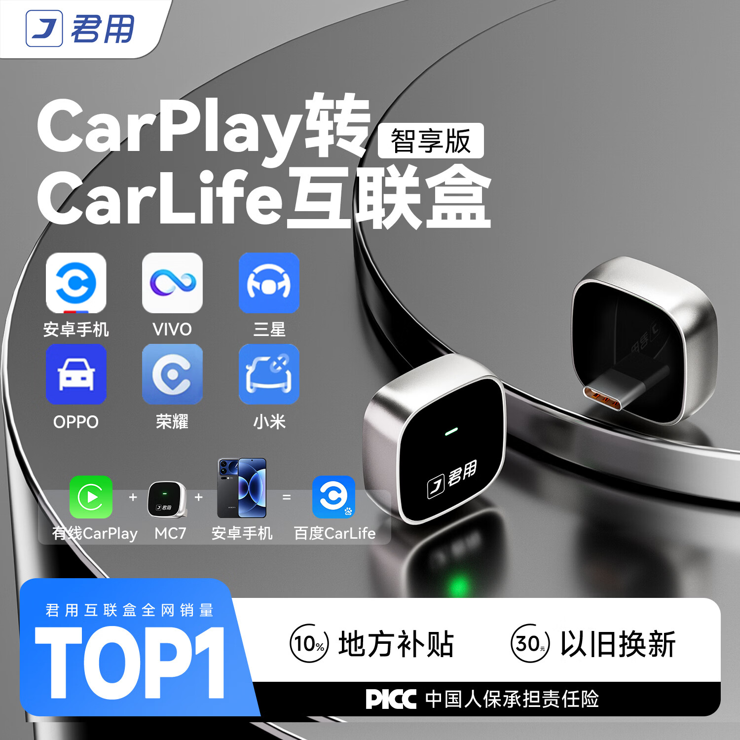 君用CarPlay车机适用小米VIVO荣耀OPPO三星手机盒子 MC7【Type-C款】