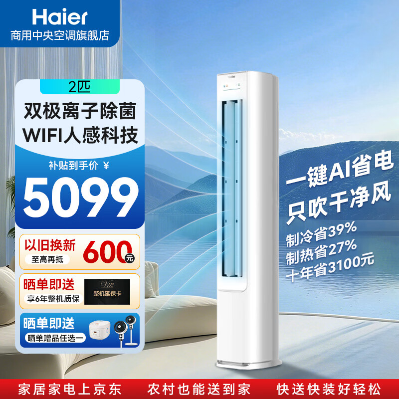 海尔（Haier）净省电Plus2匹/3匹柜机 新一级能效全直流变频客厅立式双排管柜机 净省电plus 2匹 柜机