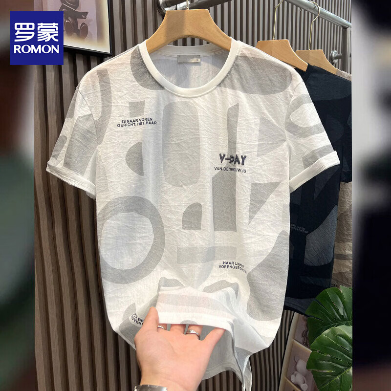 罗蒙冰丝凉感短袖t恤男2026夏季新款男士字母印花半袖衫圆领透气上衣 G100杏色 XL 约125-140斤