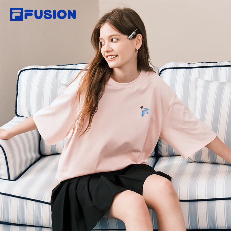 FILA FUSION斐乐潮牌情侣短袖t恤女2026新款百搭纯棉白色上衣女T恤男 快乐粉-PK M 170/92A/M