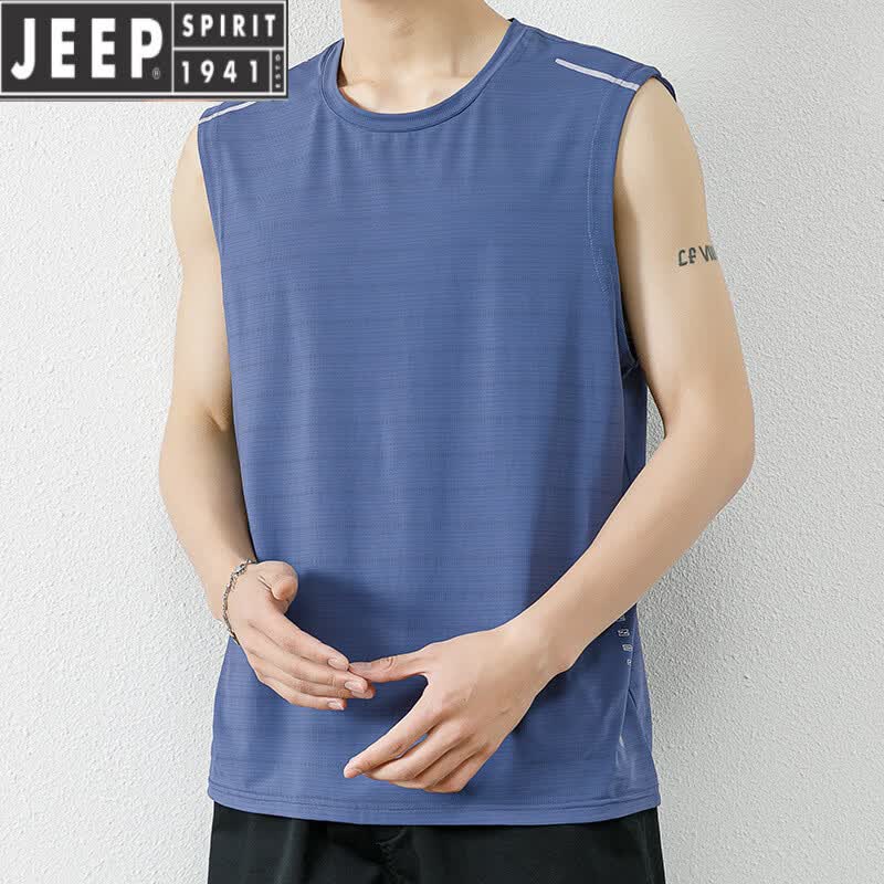JEEP SPIRIT冰丝背心男士夏季坎肩速干冰感宽松大码冰丝运动篮球健身t恤潮流 灰蓝 M